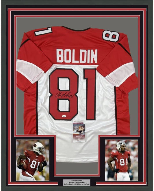 Framed Autographed/Signed Anquan Boldin 35x39 Arizona White Football Jersey JSA COA