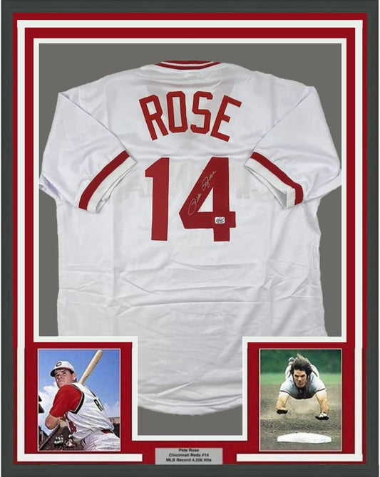 Framed Autographed/Signed Pete Rose 35x39 Cincinnati White Baseball Jersey Athlete Hologram COA Holo