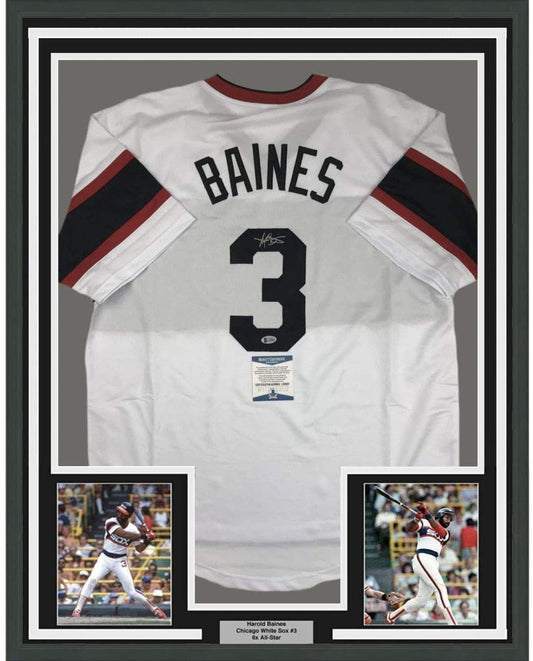 Framed Autographed/Signed Harold Baines 35x39 Chicago White Retro Baseball Jersey Beckett BAS COA