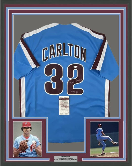 Framed Autographed/Signed Steve Carlton 35x39 Lefty Philadelphia Retro Blue Baseball Jersey JSA COA
