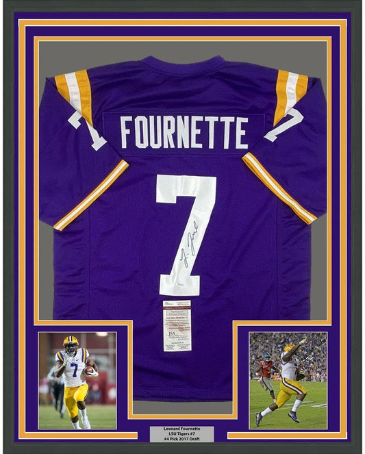 Framed Autographed/Signed Leonard Fournette 35x39 LSU Purple College Football Jersey JSA COA