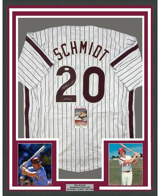 Framed Autographed/Signed Mike Schmidt HOF 95 35x39 Philadelphia Pinstripe Baseball Jersey JSA COA