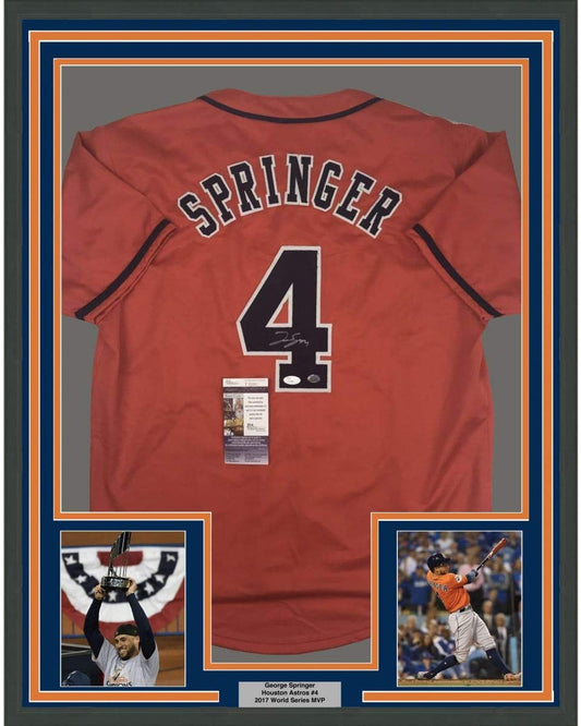 Framed Autographed/Signed George Springer 35x39 Houston Orange Baseball Jersey JSA COA