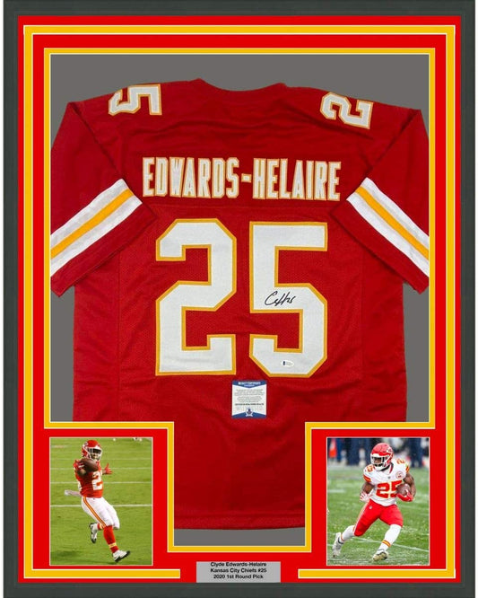 Framed Autographed/Signed Clyde Edwards-Helaire 35x39 Kansas City Red Football Jersey Beckett BAS COA