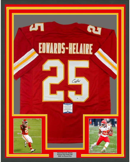 Framed Autographed/Signed Clyde Edwards-Helaire 35x39 Kansas City Red Football Jersey Beckett BAS COA