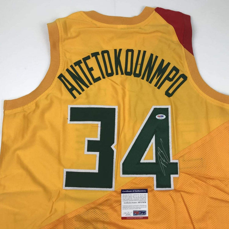 Autographed/Signed Giannis Antetokounmpo Milwaukee Yellow Basketball Jersey PSA/DNA COA