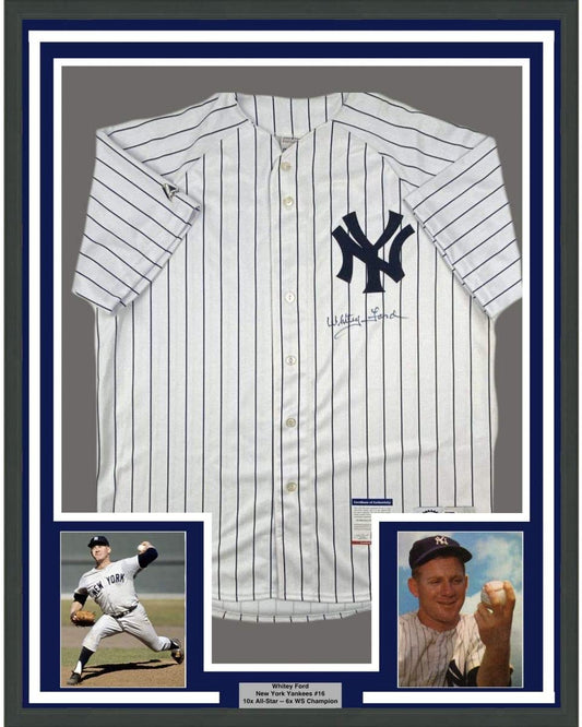 Framed Autographed/Signed Whitey Ford 35x39 New York Pinstripe Baseball Jersey PSA/DNA COA