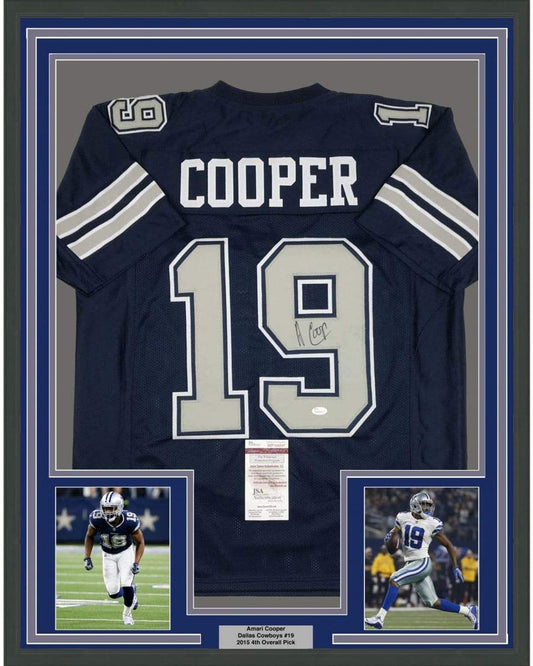 Framed Autographed/Signed Amari Cooper 35x39 Dallas Retro Dark Blue Football Jersey JSA COA