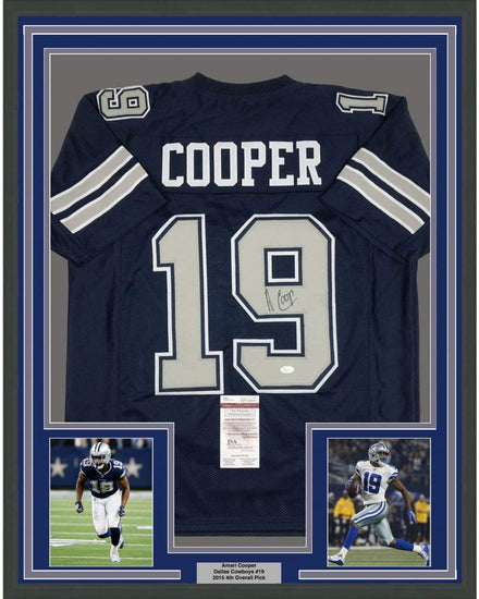 Framed Autographed/Signed Amari Cooper 35x39 Dallas Retro Dark Blue Football Jersey JSA COA