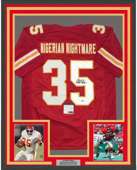 Framed Autographed/Signed Christian Okoye 35x39 Nigerian Nightmare Kansas City Red Football Jersey PSA/DNA COA