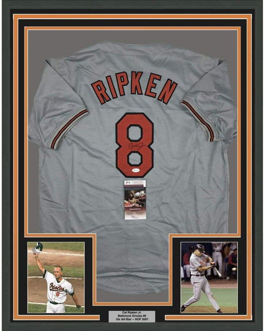 Framed Autographed/Signed Cal Ripken Jr. 35x39 Baltimore Grey Baseball Jersey JSA COA