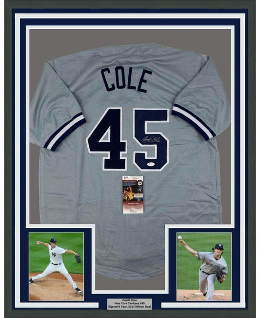 Framed Autographed/Signed Gerrit Cole 35x39 New York Grey Baseball Jersey JSA COA