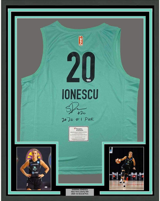 Framed Autographed/Signed Sabrina Ionescu 2020#1 Pick 35x39 New York Liberty Green Basketball Jersey Fanatics COA