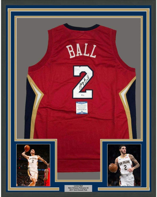 Framed Autographed/Signed Lonzo Ball 35x39 New Orleans Red Basketball Jersey Beckett BAS COA