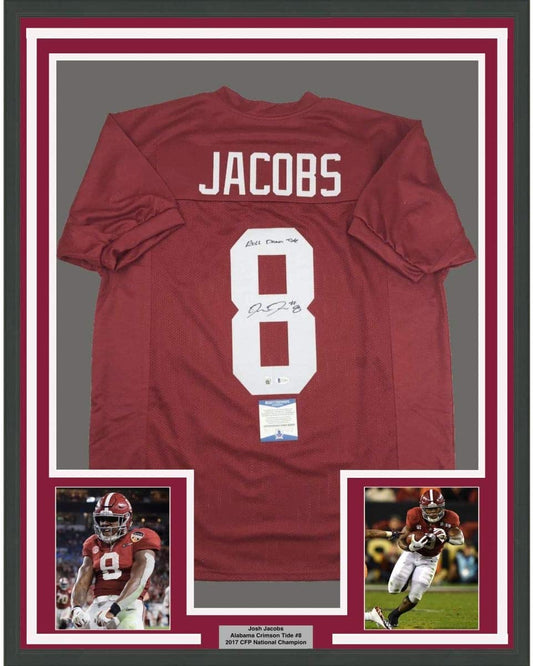 Framed Autographed/Signed Josh Jacobs Roll Tide 35x39 Alabama Red College Football Jersey Beckett BAS COA