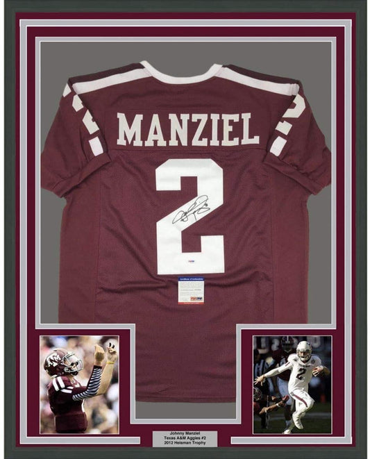 Framed Autographed/Signed Johnny Manziel 35x39 Texas A&M Maroon College Football Jersey PSA/DNA COA
