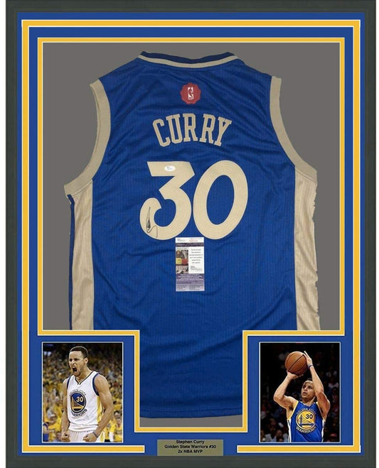 Framed Autographed/Signed Stephen Steph Curry 35x39 Golden State Blue Christmas Day Basketball Jersey JSA COA