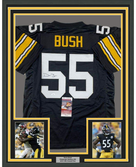 Framed Autographed/Signed Devin Bush 35x39 Pittsburgh Retro Black Football Jersey JSA COA