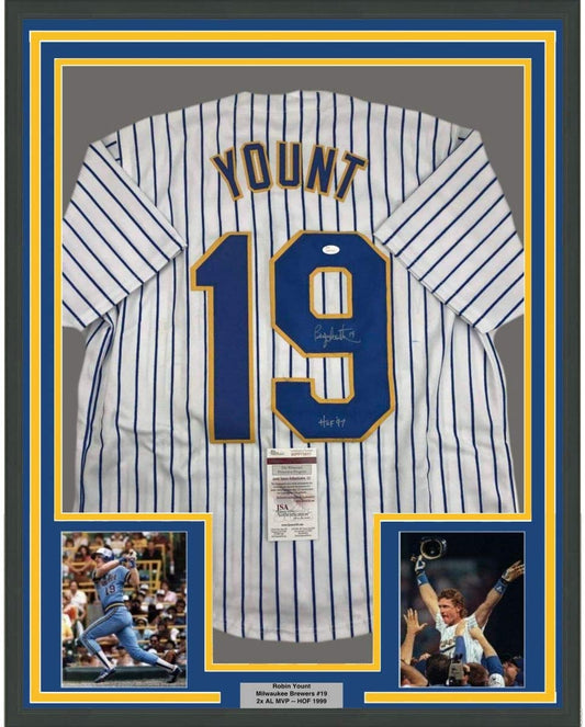 Framed Autographed/Signed Robin Yount HOF 97 35x39 Milwaukee Pinstripe Baseball Jersey JSA COA