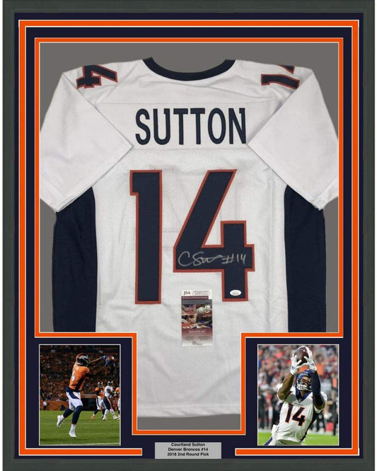 Framed Autographed/Signed Courtland Sutton 35x39 Denver White Football Jersey JSA COA