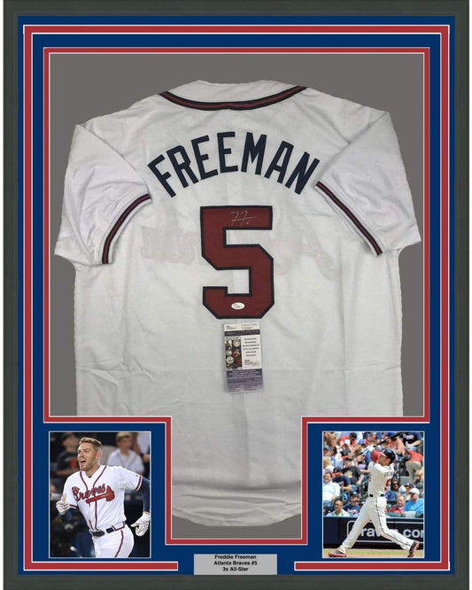 Framed Autographed/Signed Freddie Freeman 35x39 Atlanta White Baseball Jersey JSA COA