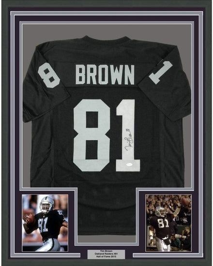 Framed Autographed/Signed Tim Brown 35x39 Oakland Black Football Jersey JSA COA Holo Only