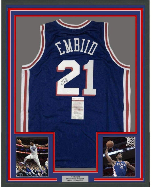 Framed Autographed/Signed Joel Embiid 35x39 Philadelphia Blue Basketball Jersey JSA COA
