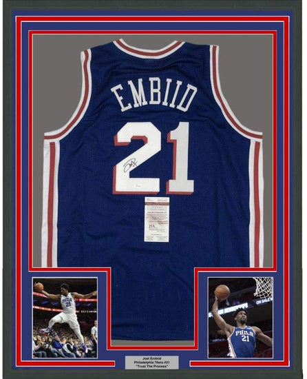 Framed Autographed/Signed Joel Embiid 35x39 Philadelphia Blue Basketball Jersey JSA COA