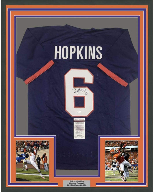 Framed Autographed/Signed DeAndre Hopkins 35x39 Clemson Purple College Football Jersey JSA COA