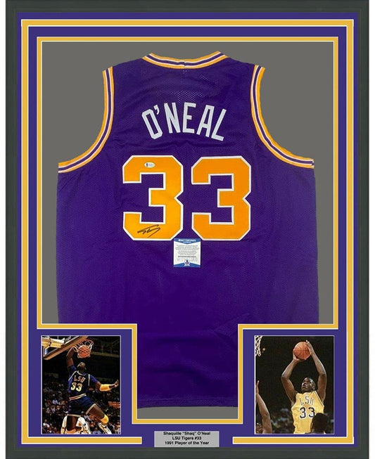 Framed Autographed/Signed Shaquille Shaq O'Neal 35x39 LSU Purple Basketball Jersey Beckett BAS COA