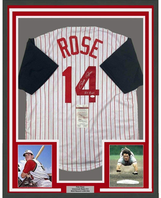 Framed Autographed/Signed Pete Rose Hit King 35x39 Cincinnati Pinstripe Baseball Jersey JSA COA