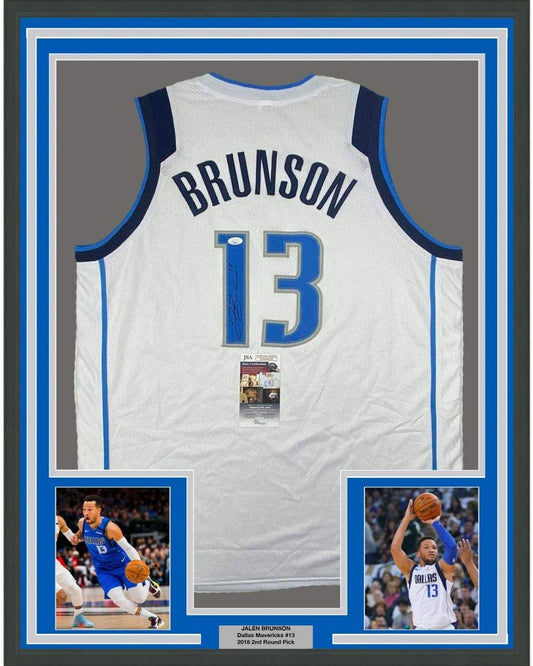 Framed Autographed/Signed Jalen Brunson 35x39 Dallas White Basketball Jersey JSA COA