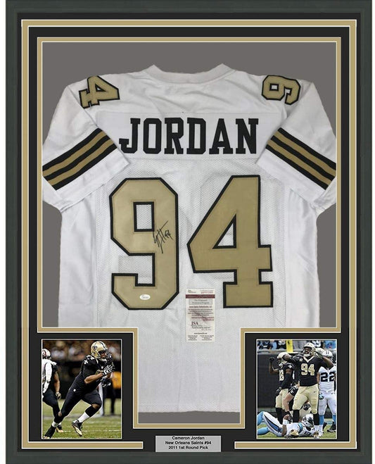 Framed Autographed/Signed Cameron Cam Jordan 35x39 New Orleans Saints Color Rush Football Jersey JSA COA