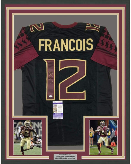 Framed Autographed/Signed Deondre Francois 35x39 Florida State Black College Football Jersey JSA COA
