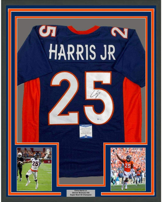 Framed Autographed/Signed Chris Harris Jr. 35x39 Denver Blue Football Jersey Beckett BAS COA