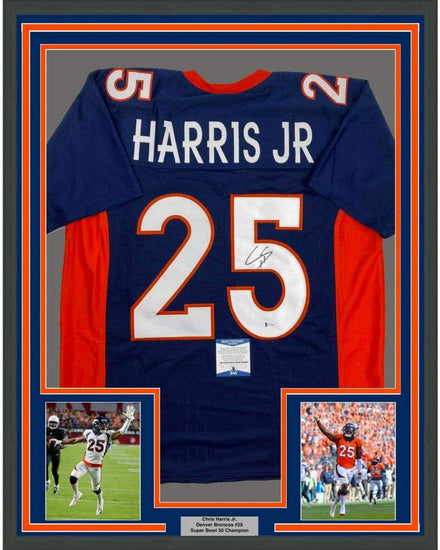 Framed Autographed/Signed Chris Harris Jr. 35x39 Denver Blue Football Jersey Beckett BAS COA