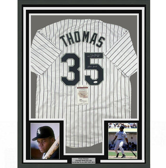 Framed Autographed/Signed Frank Thomas HOF 2014 35x39 Chicago Pinstripe Baseball Jersey JSA COA