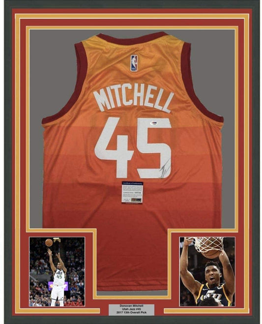 Framed Autographed/Signed Donovan Mitchell 35x39 Utah Orange Basketball Jersey PSA/DNA COA