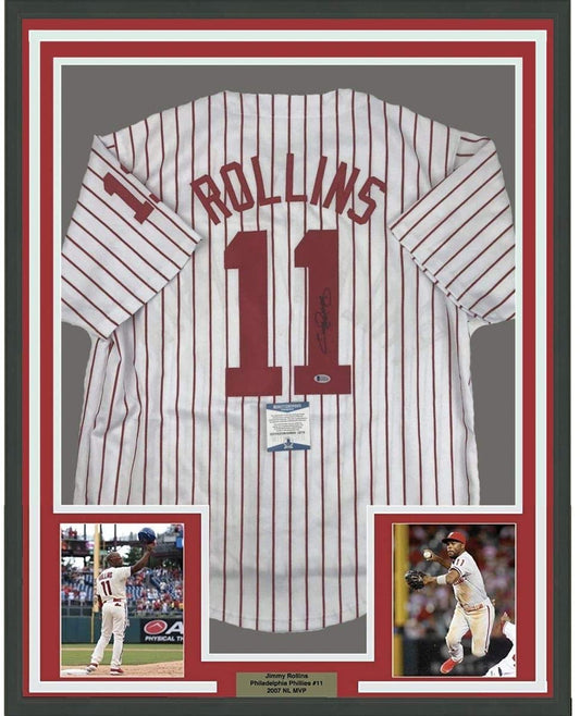 Framed Autographed/Signed Jimmy Rollins 35x39 Philadelphia Pinstripe Baseball Jersey Beckett BAS COA