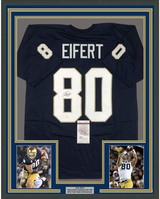 Framed Autographed/Signed Tyler Eifert 35x39 Notre Dame Blue College Football Jersey JSA COA