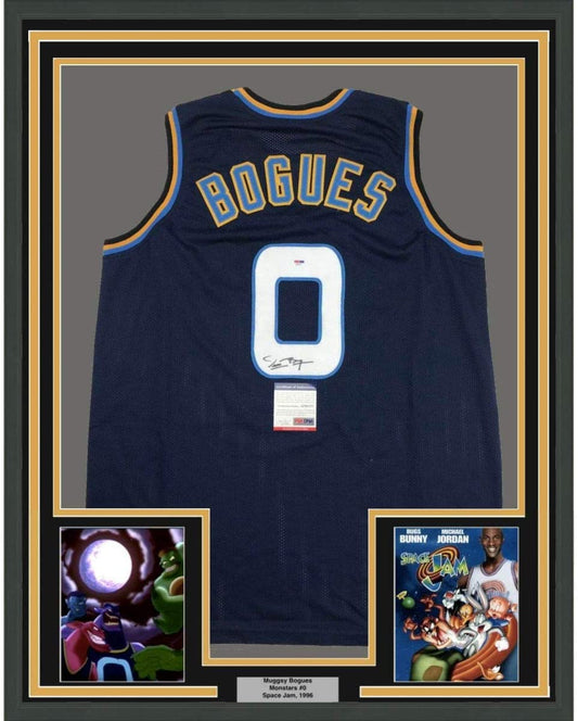 Framed Autographed/Signed Muggsy Bogues 35x39 Space Jam Monstars Blue Basketball Jersey PSA/DNA COA