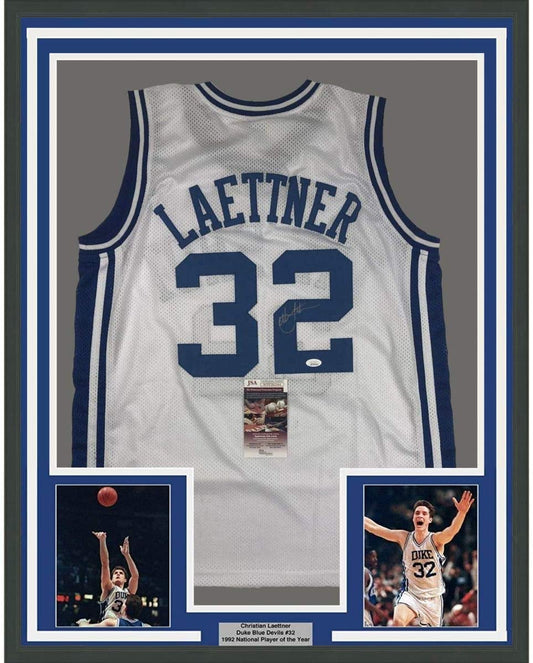 Framed Autographed/Signed Christian Laettner 35x39 Duke Blue Devils White College Basketball Jersey JSA COA