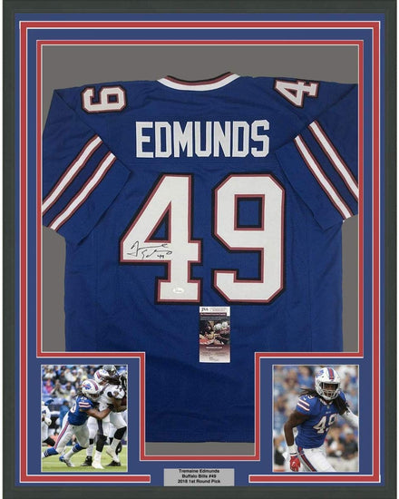 Framed Autographed/Signed Tremaine Edmunds 35x39 Buffalo Blue Football Jersey JSA COA