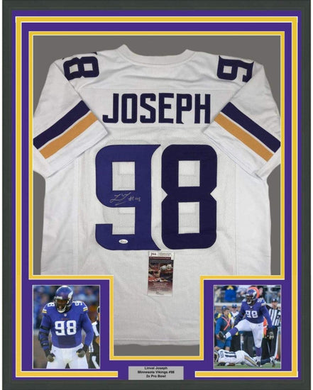 Framed Autographed/Signed Linval Joseph 35x39 Minnesota White Football Jersey JSA COA