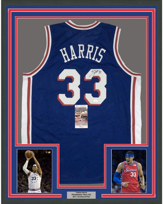 Framed Autographed/Signed Tobias Harris 35x39 Philadelphia Blue Basketball Jersey JSA COA