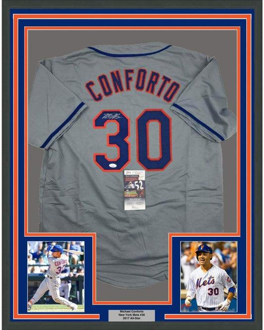 Framed Autographed/Signed Michael Conforto 35x39 New York NY Grey Baseball Jersey JSA COA