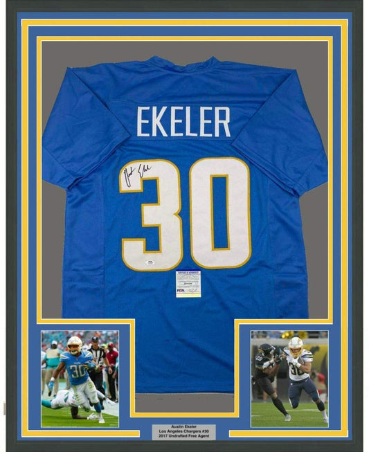 Framed Autographed/Signed Austin Ekeler 35x39 Los Angeles LA Powder Blue Football Jersey PSA/DNA COA