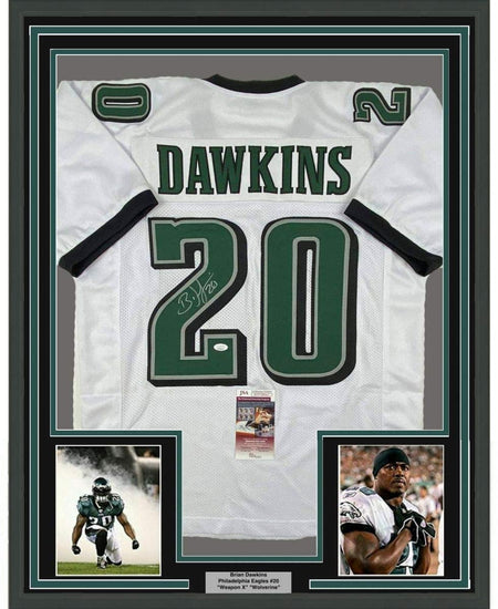 Framed Autographed/Signed Brian Dawkins 35x39 Philadelphia White Football Jersey JSA COA