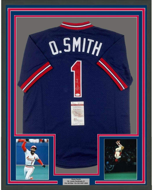 Framed Autographed/Signed Ozzie Smith 35x39 St. Louis Blue M&N Baseball Jersey JSA COA