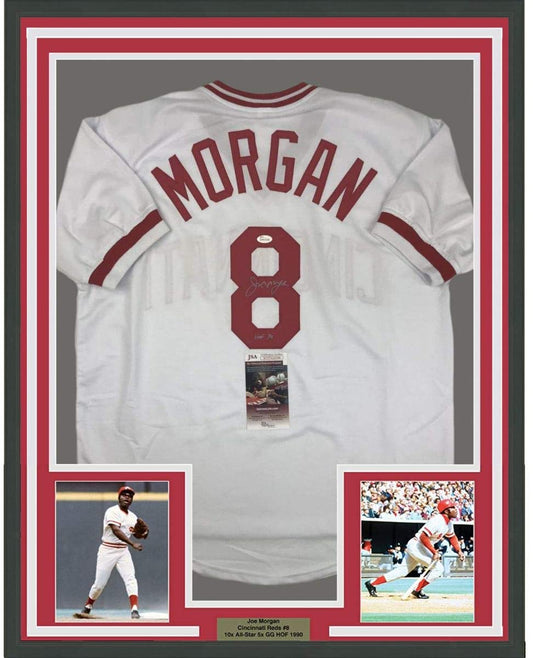 Framed Autographed/Signed Joe Morgan HOF 90 35x39 Cincinnati White Baseball Jersey JSA COA